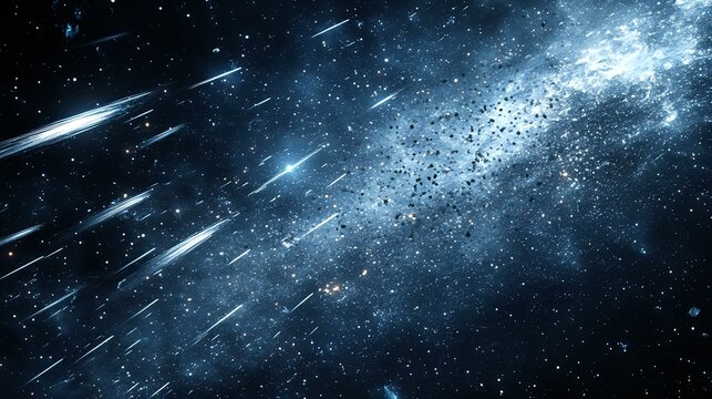 Abstract outer space background with deep navy tones, glowing meteors and scattered starry bokeh light effects