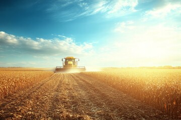 Fototapeta premium Harvesting Corn in a Golden Field Under the Bright Sky During Sunset, Showcasing Agriculture and Machinery in Action