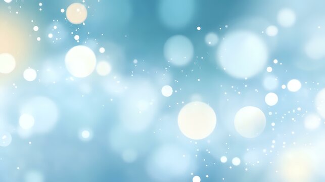 Abstract snowy night background with pale blue and white tones, scattered light specks and a glowing bokeh effect