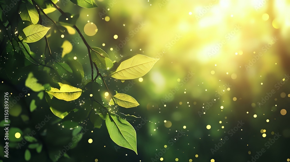 Poster abstract springtime forest background with fresh green leaves, sunlight filtering through and gentle