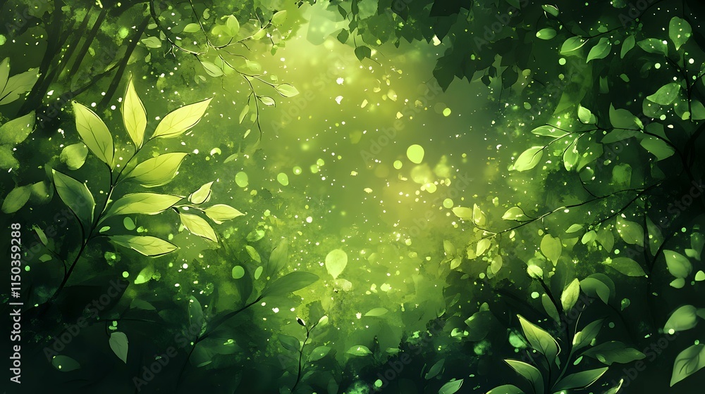 Poster abstract springtime forest background with fresh green leaves, sunlight filtering through and gentle