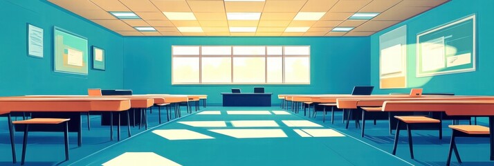 Fototapeta premium Spacious, modern classroom interior with desks and natural light.