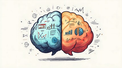 The left half of the brain is drawn with doodles icons