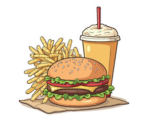 fast food with lines and colors, for children's coloring book