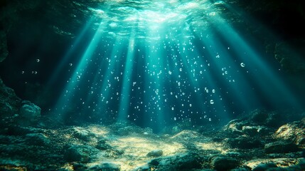 Abstract underwater cavern background with glowing marine hues, scattered bubbles and dappled sunlight forming soft bokeh dots
