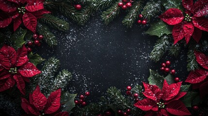Festive Christmas Border with Poinsettias and Evergreen Foliage, Perfect for Holiday Greetings and Seasonal Decorations with a Touch of Dramatic Elegance