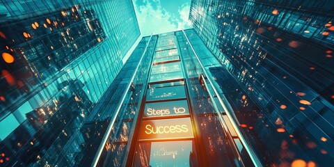  Steps to Success written on the base of a ladder in a modern cityscape with skyscrapers symbolizing achievement. The visual blends ambition with urban progress.