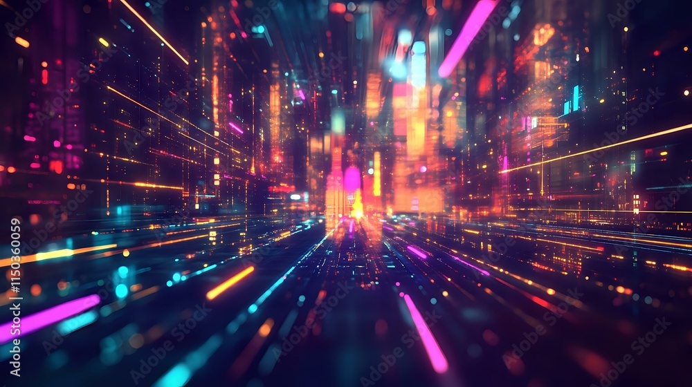 Poster abstract urban background with blurred traffic lights, glowing neon signs and vibrant bokeh dots in 