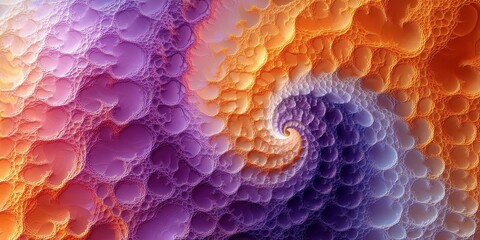  Colorful fractal spiral in orange and purple hues, displaying complex textures and symmetrical beauty, symbolizing mathematical precision and artistic creativity combined.