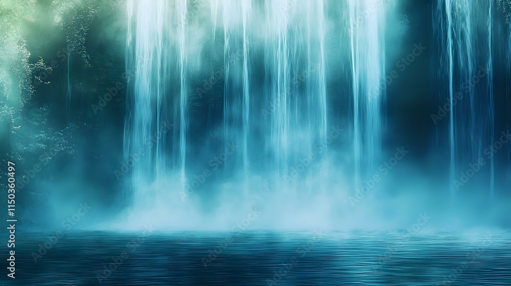 Poster abstract waterfall background with soft blue and green gradients, shimmering mist and glowing bokeh-