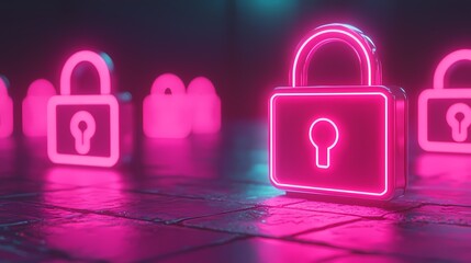 A collection of glowing pink padlocks on a dark surface, symbolizing security and protection in a digital or futuristic context.