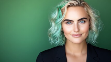 A woman with blonde hair and blue eyes wearing a black blazer