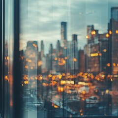 Fototapeta premium City Skyline View at Dusk Reflected in Glass, Showcasing Vibrant Lights and Urban Atmosphere, Perfect for Capturing Evening Splendor