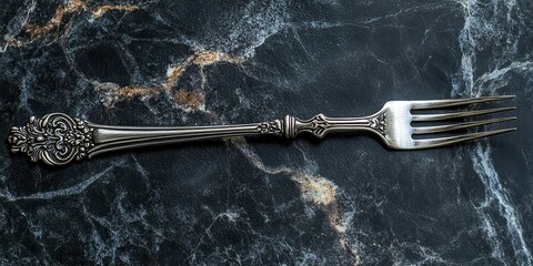  Classic stainless steel fork with ornate handle details, resting horizontally. The elegant craftsmanship highlights sophistication and timeless design in culinary utensils.