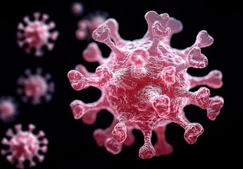 A highly detailed and realistic illustration of a pink coronavirus with a black background