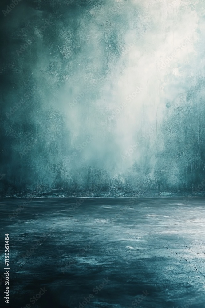 Poster Mysterious Mist Enveloping an Empty Room With Textured Walls and Wet Floor Reflecting Soft Light at Dawn