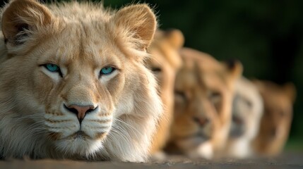 Obraz premium A group of three lion cubs with blue eyes laying down
