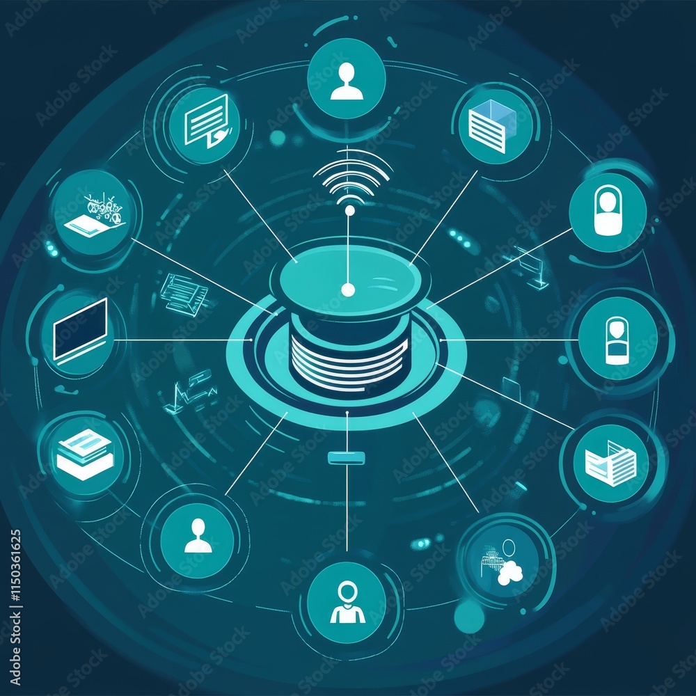 Aufkleber Digital Network Architecture Showcasing Interconnected Devices and Data Management in a Cloud-Based System During a Tech Development Session
