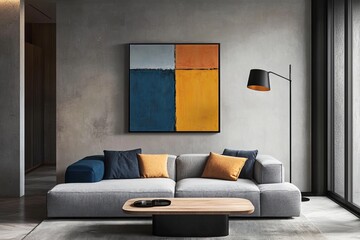 Modern Living Room Featuring a Stylish Sectional Sofa, Abstract Wall Art, and Elegant Floor Lamp in a Contemporary Space With Large Windows Bringing in Natural Light