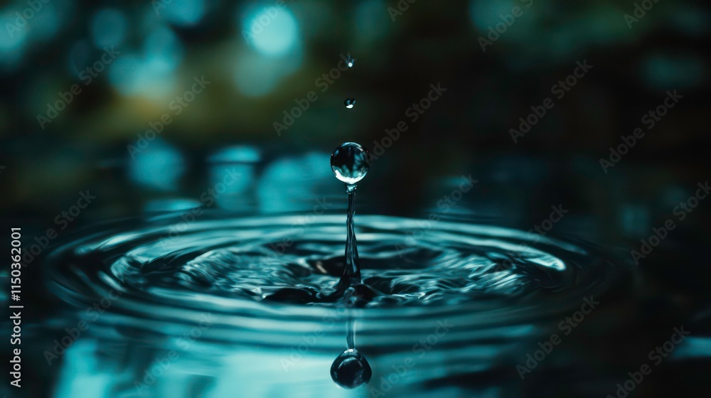 Poster water droplet impacting surface, creating concentric ripples and a tiny splash.