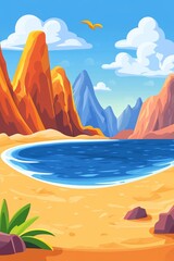 A vibrant beach scene with mountains and ocean.