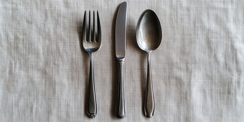  Simple stainless steel fork, knife, and spoon arranged neatly on white linen. Minimalist design emphasizes timeless dining essentials in classic table setting style.