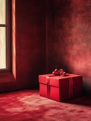 A vibrant red gift box in a cozy setting.