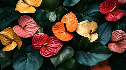 Anthurium leaves and flowers closeup in a house with tropical nature. Spring growth and care for the houseplant from the rainforest with colorful foliage in the white background of a home
