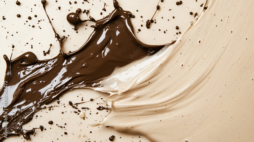 Poster brown and cream paint splash with dynamic flow and texture on light surface
