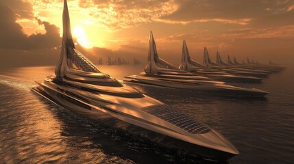 Futuristic yachts sailing at sunset.