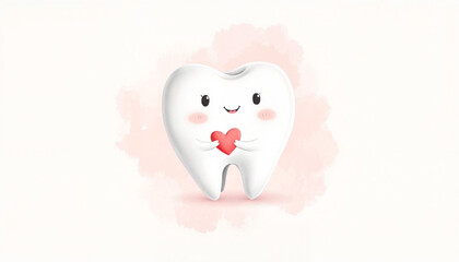 Good tooth image: Cartoon tooth holding a heart on pastel pink background
