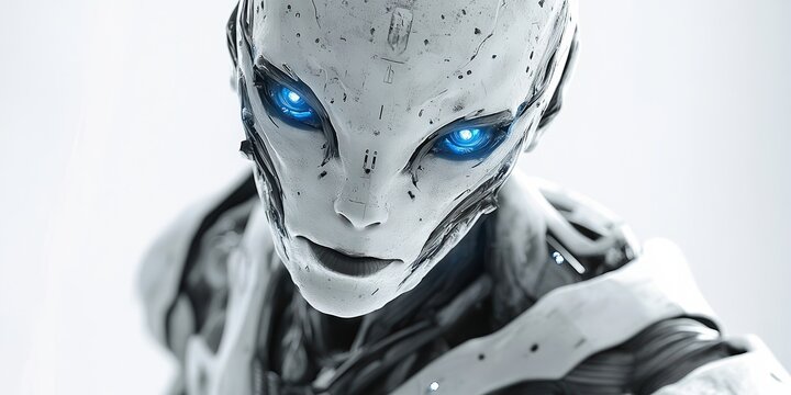  Humanoid alien with intricate facial markings and glowing blue eyes. The mysterious design emphasizes otherworldly features and advanced intelligence, creating a sense of awe and curiosity.