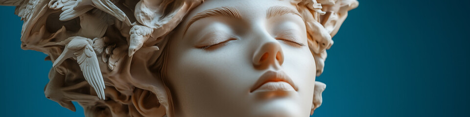 Soft light sculpture of a Greek woman or goddess with a pastel blue background.