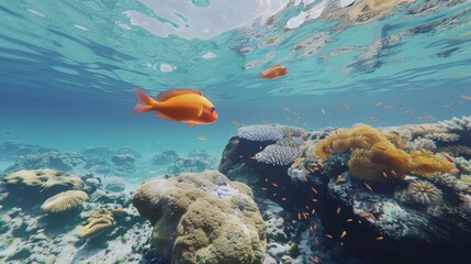Fototapeta premium Lively orange fish gracefully swimming above a vibrant coral reef in clear turquoise waters