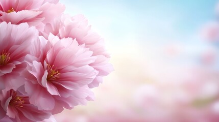 A bunch of pink flowers on a blue sky background