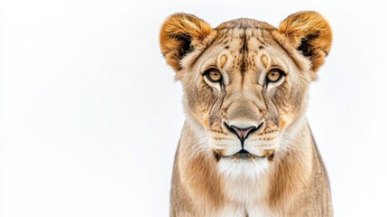 Fototapeta premium Close-up portrait of a lioness against a white background.