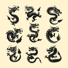 Collection of Nine Traditional Asian Dragon Silhouettes in Black