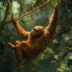 Fototapeta premium A painting of an orangutan hanging from a rope in the jungle