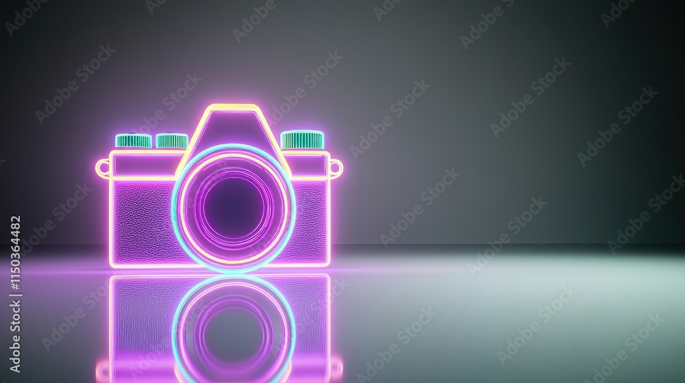 Poster a neon camera design with vibrant colors reflecting on a smooth surface, creating a modern and artis