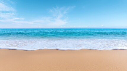 A beach scene with a blue sky and white clouds