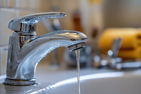 broken bathroom faucet, water dripping slowly from the spout, surrounded by an array of repair tools like wrenches and pliers