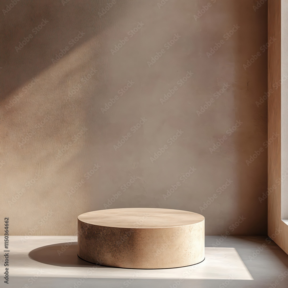 Poster minimalist studio setting with round platform and neutral wall background