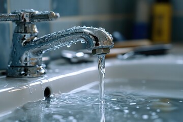 broken bathroom faucet, water dripping slowly from the spout, surrounded by an array of repair tools like wrenches and pliers