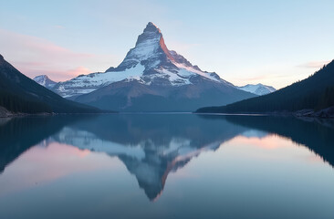 Snowy Peak Reflected in a Still Mountain Lake at Dawn