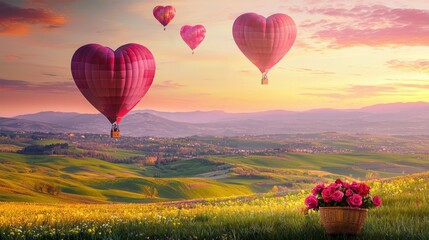 Fototapeta premium Romantic Heart-Shaped Balloons Over Rolling Hills and Flower Fields