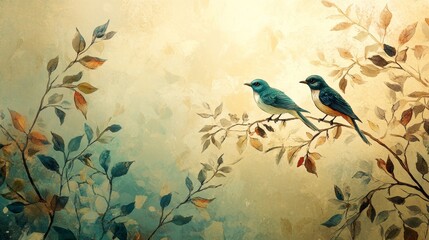 Painting with birds that sit in the leaves, art drawing on a textured background