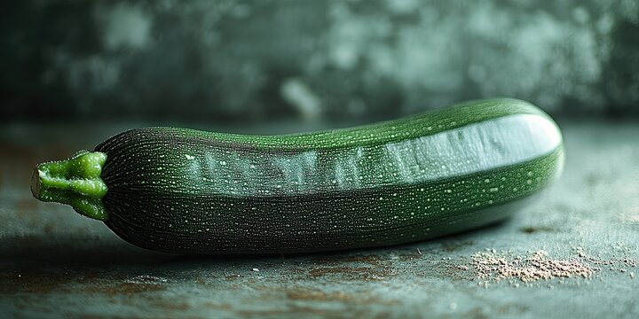  Single zucchini lying diagonally with its smooth, dark green skin and a light green tip. The fresh, natural vegetable highlights simplicity and healthy eating.