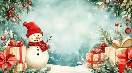 Fototapeta premium Cheerful Snowman Surrounded by Holiday Gifts and Festive Decorations