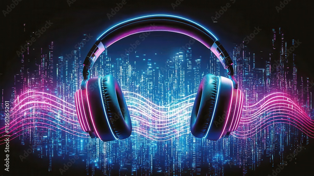 Poster a vibrant image of headphones surrounded by colorful sound waves and digital patterns, representing 