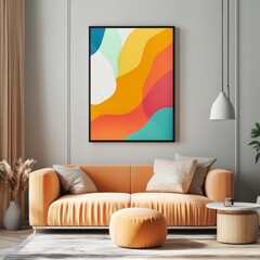 Creative Modern Living Room Featuring a Vibrant Abstract Artwork on the Wall and a Stylish Orange Sofa With Decorative Cushions